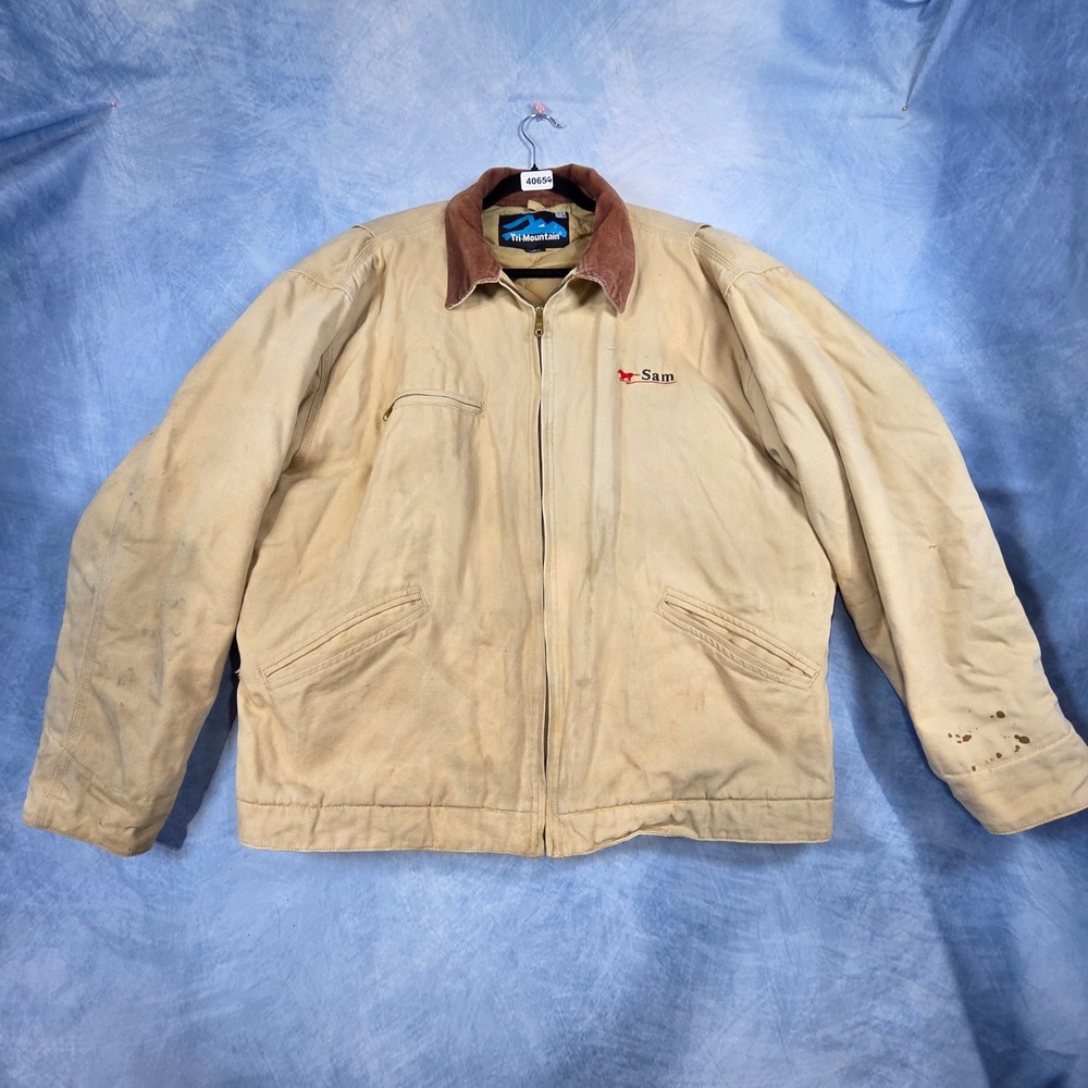 Tri-Mountain Mens XL Tan Canvas Work Jacket Waxahachie Texas Corduroy Collar Sam